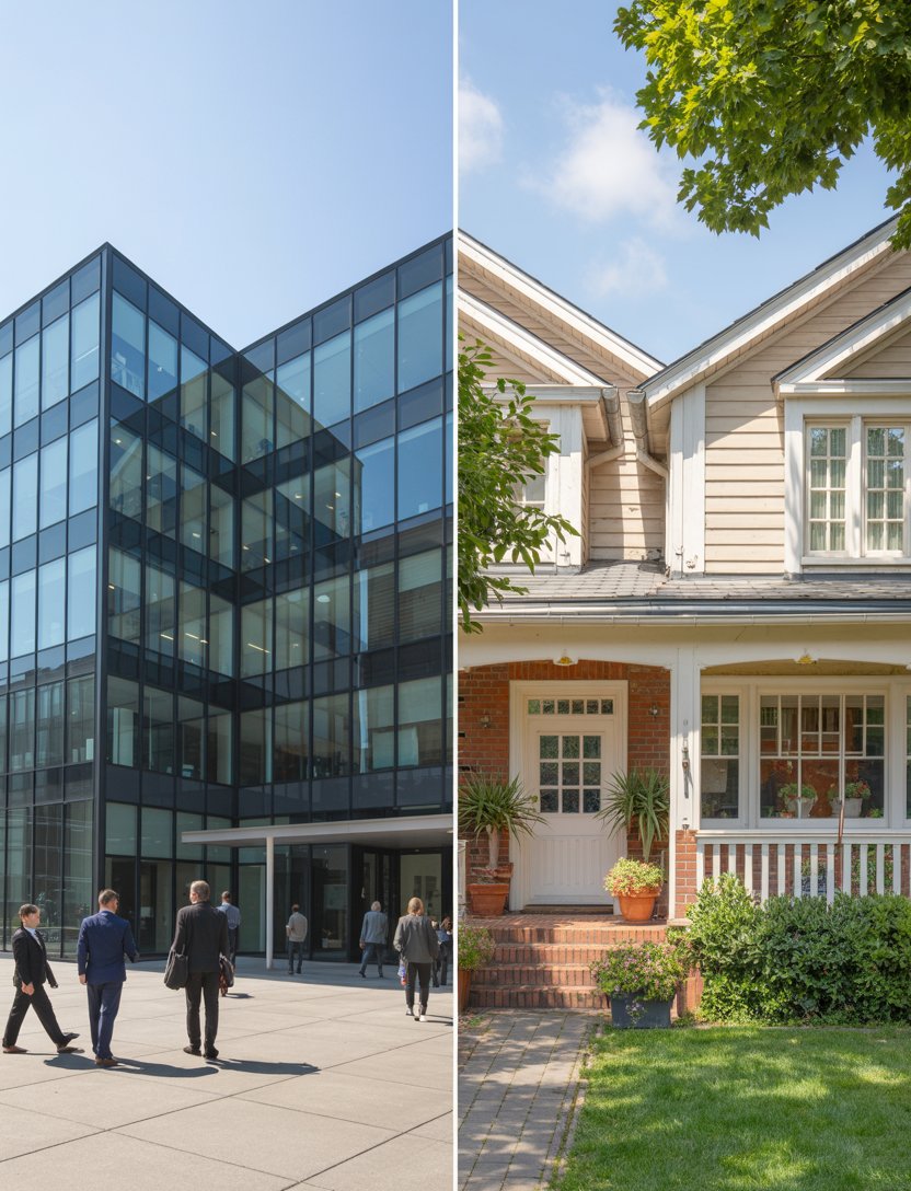 A split-screen comparison photograph showing a modern office building on the left and a cozy residential home on the right. The business side features a sleek glass and steel corporate tower with clean geometric lines, floor-to-ceiling windows, and a bustling entrance with people in professional attire. The home side displays a warm two-story house with brick exterior, white trim, a welcoming front porch with potted plants, and a manicured lawn. A subtle vertical dividing line separates the two scenes, emphasizing the contrast between the corporate and domestic environments under bright daylight.